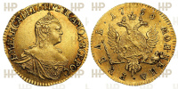 Рубль 1756 г. для использования в дворцовом обиходе императрицы Елизаветы Петровны, золото, в слабе ННР AU 58. 