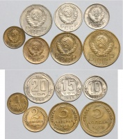 Комплект из 7-и монет: 1 копейка 1938 г., 2 копейки 1938 г., 3 копейки 1938 г., 5 копеек 1938 г., 10 копеек 1938 г., 15 копеек 1938 г., 20 копеек 1938 г. (архив)