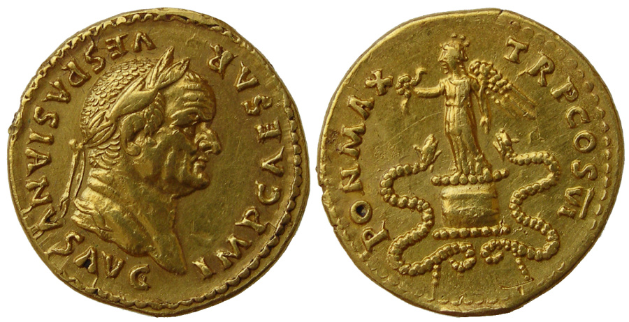 Хорошо центрированная монета. (англ. Well centered). Веспасиан, 69–79 годы, аурей