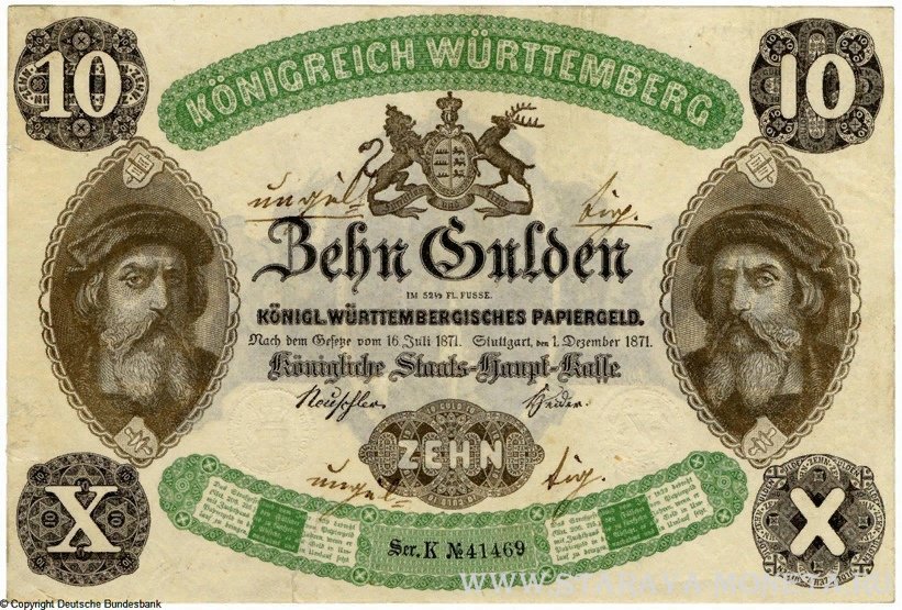  - K&#246;nigl. W&#252;rttembergisches Papiergeld. 10 Gulden. 1. Dezember 1871. A534 WTB1 P:S8445 10  1871 ()
