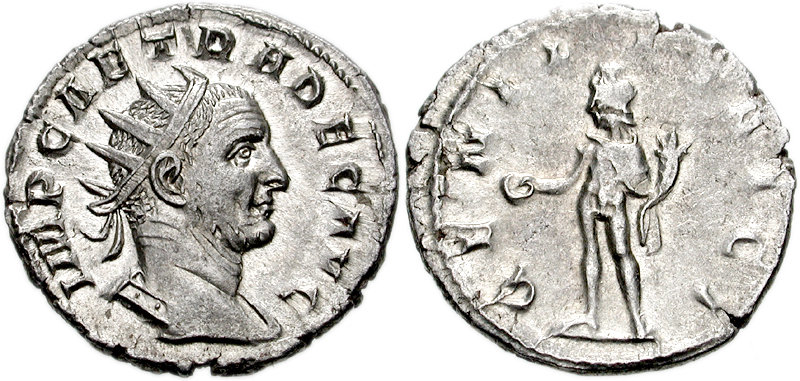Слабый удар при чеканке (англ.Soft strike). Траян Деций, 249–251 годы, антониниан.
