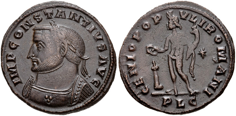 Плоское пятно напротив портрета (англ.Flat spot opposite head). Констанций Хлор, 293–306 годы, фоллис.