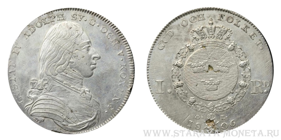 Риксдалер, король Густав IV Адольф, 1806 год, монетный двор Стокгольм, минцмейстер O. Lidjin, тираж 204 774 экз.