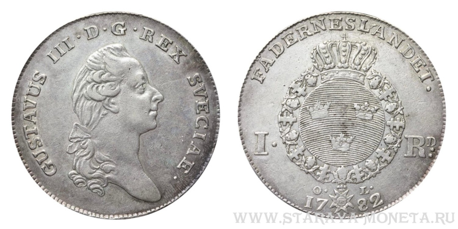 Риксдалер, король Густав III, 1782 год, монетный двор Стокгольм, минцмейстер O. Lidjin, тираж 653 651 экз.