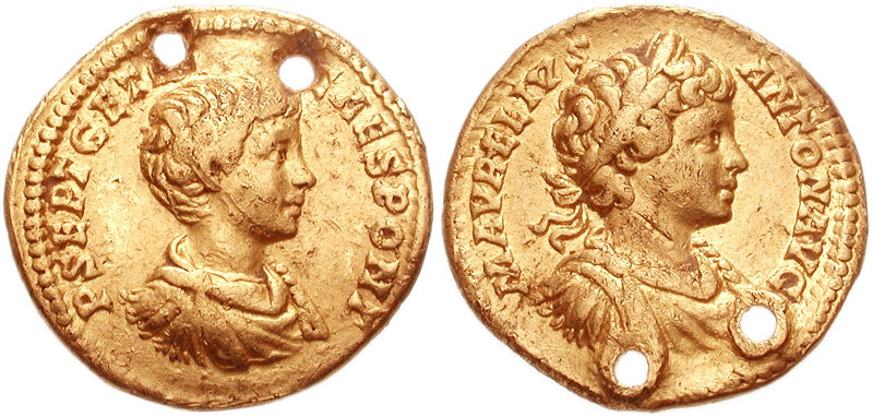 Бывшее ювелирное украшение (англ.Ex-Jewellery). Каракалла, 198–217 годы, аурей.