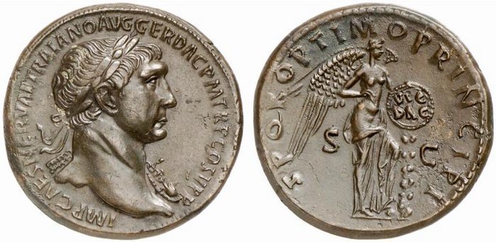 Вторичная патина (англ.Second patina). Траян, 98–117 годы, сестерций.