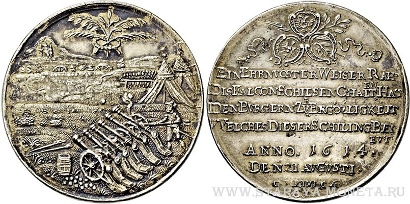 Медаль 1614 года из города Нюрнберг. Городская стрелковая площадка с шестью пушками и лафетами, рядом с ней артиллерист, на заднем плане две палатки, 33,1 мм, 10,29 г.