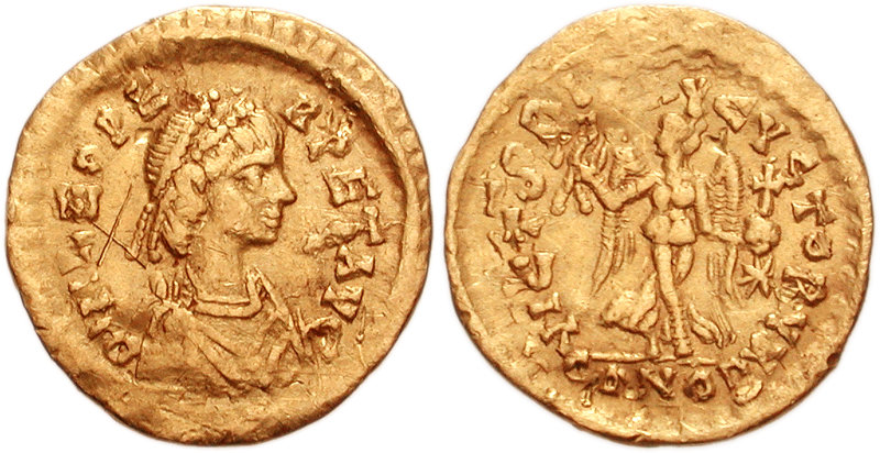 Царапанная поверхность (англ.Scratched). Лев I, 457–474 годы, золотой тремисс.